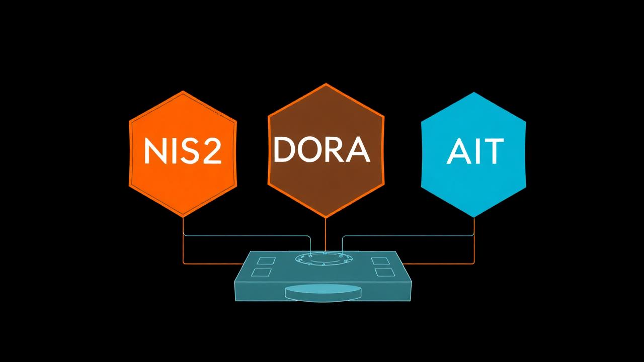Diagram som visar konvergensen av NIS2, DORA och AI Act genom plattformsarkitektur